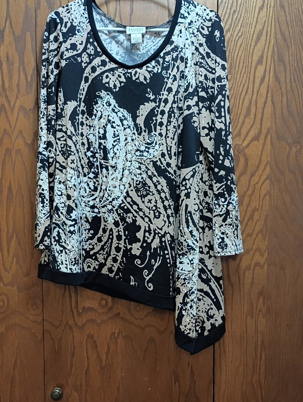Allison Taylor Black and Cream Asymmetrical Paisley Tunic Top